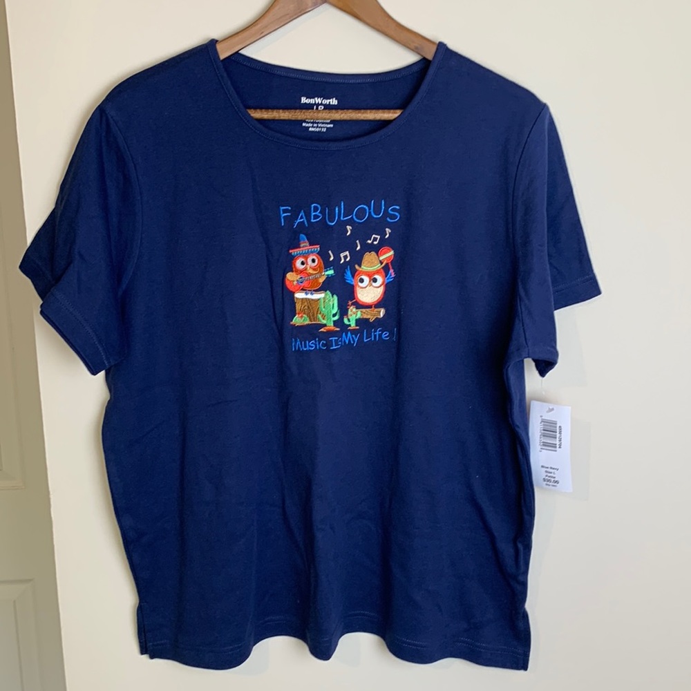 NWT Music is My Life Owl Music Tee Navy Blue Petite